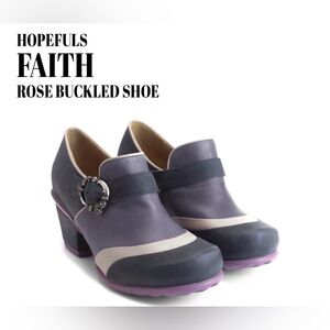 Fluevog NEARLY NEW Hopefuls Faith purple/black/taupe rose buckle heel - 5.5/6